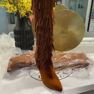 Camel Color Fringe Over The Knee Boots